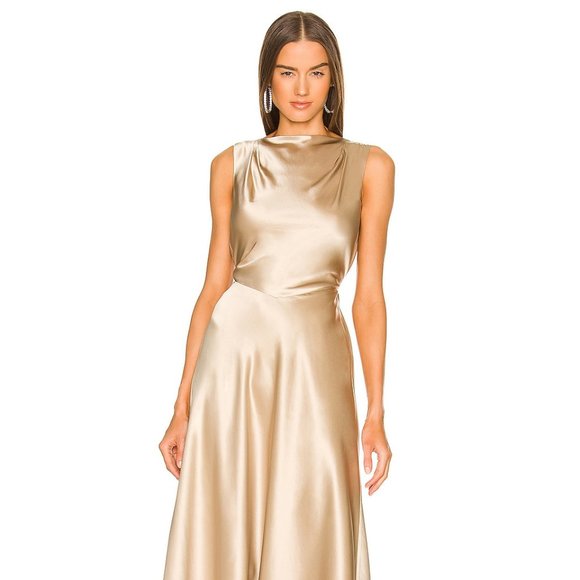 SALONI Silk Jen Dress Sleeveless Midi Length in Gold Crepe Size 4 - Picture 2 of 10